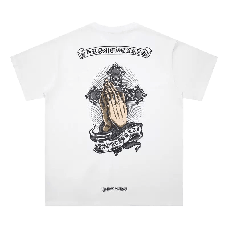 Chrome Hearts t-shirt featuring a print of praying hands on a cross.
