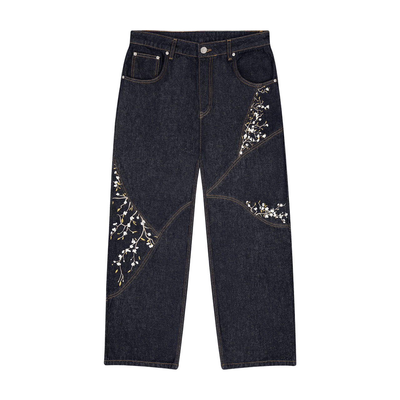 Patchwork Cherry Blossom Embroidery Denim Pants