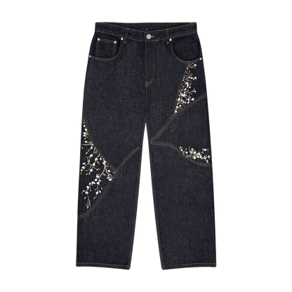 Patchwork Cherry Blossom Embroidery Denim Pants