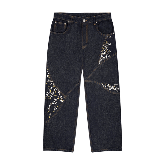 Patchwork Cherry Blossom Embroidery Denim Pants