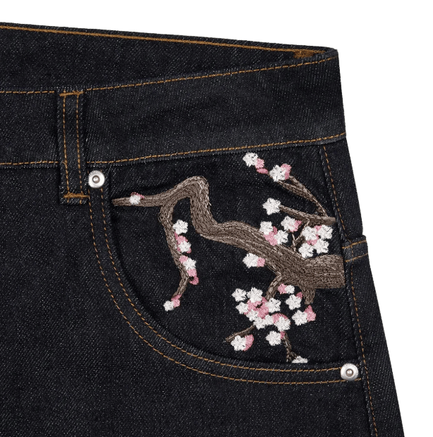 Derschutze Patchwork Cherry Blossom Embroidery Denim Pants Vintage Baggy jeans