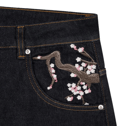 Derschutze Patchwork Cherry Blossom Embroidery Denim Pants Vintage Baggy jeans