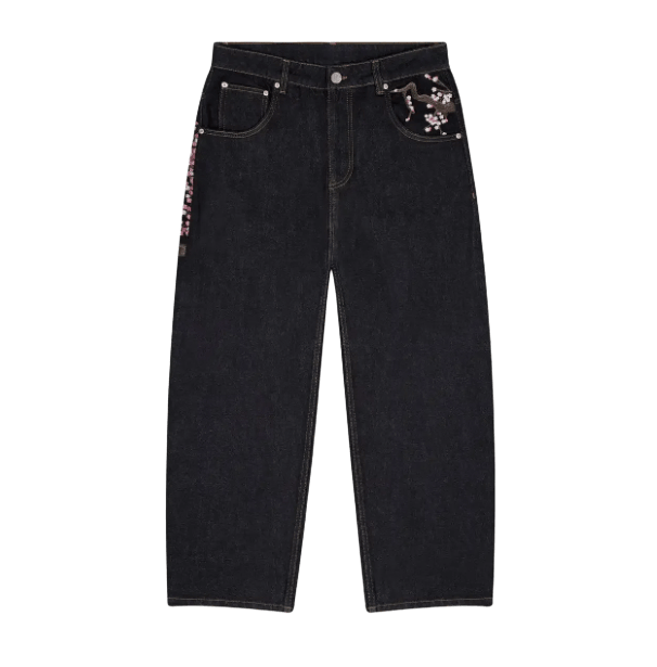 Derschutze Patchwork Cherry Blossom Embroidery Denim Pants Vintage Baggy jeans