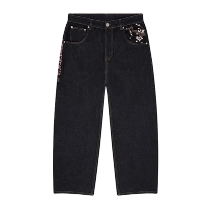 Derschutze Patchwork Cherry Blossom Embroidery Denim Pants Vintage Baggy jeans