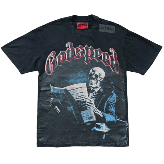Godspeed Skeleton reading newspapers tee