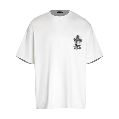 Chrome Hearts t-shirt featuring a print of praying hands on a cross.