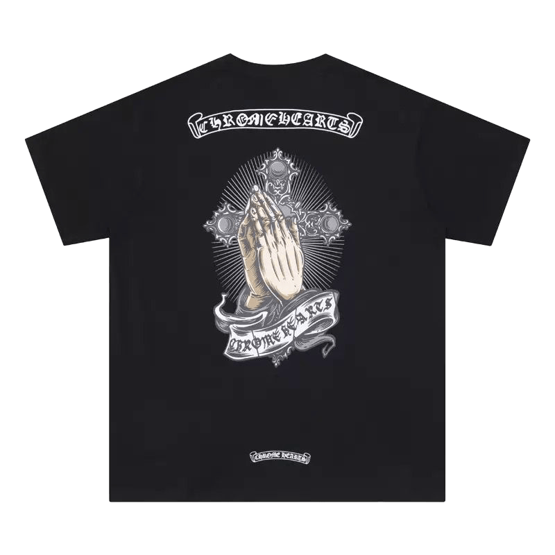 Chrome Hearts t-shirt featuring a print of praying hands on a cross.
