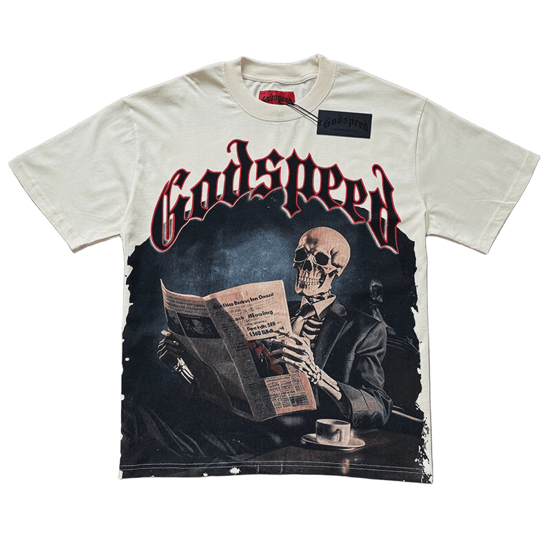 Godspeed Skeleton reading newspapers tee