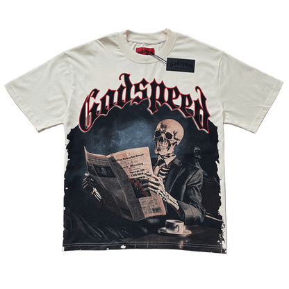 Godspeed Skeleton reading newspapers tee
