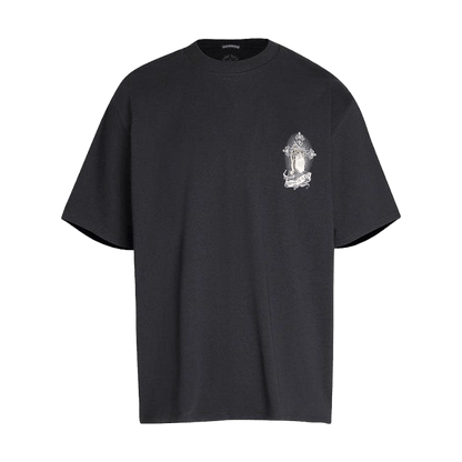 Chrome Hearts t-shirt featuring a print of praying hands on a cross.