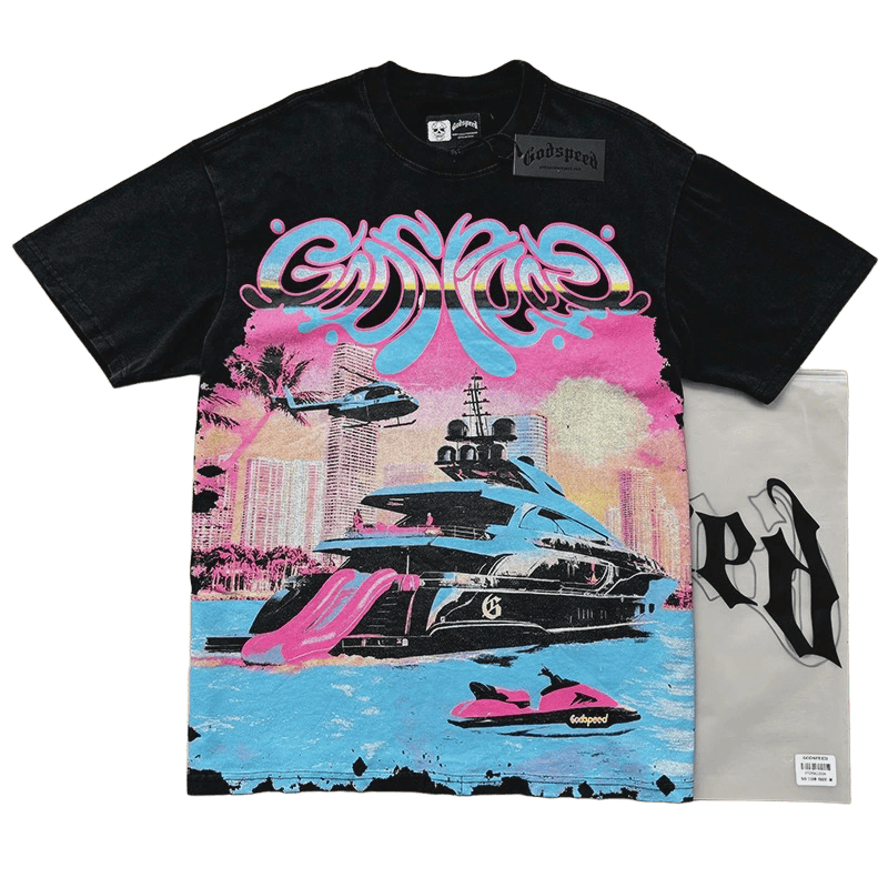Godspeed Sunset Beach Yacht print t-shirt